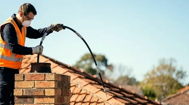 Stainless liner being lowered into a chimney in Powell, Ohio