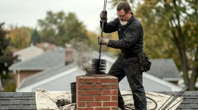 Chimney sweep at work on a Hilliard, Ohio roof