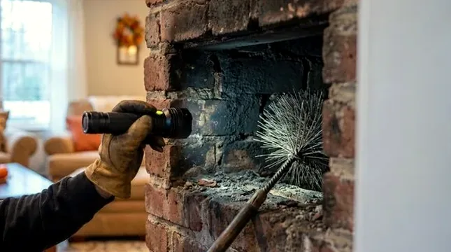 Technician inspecting a large fireplace in Muirfield Village with a flashlight